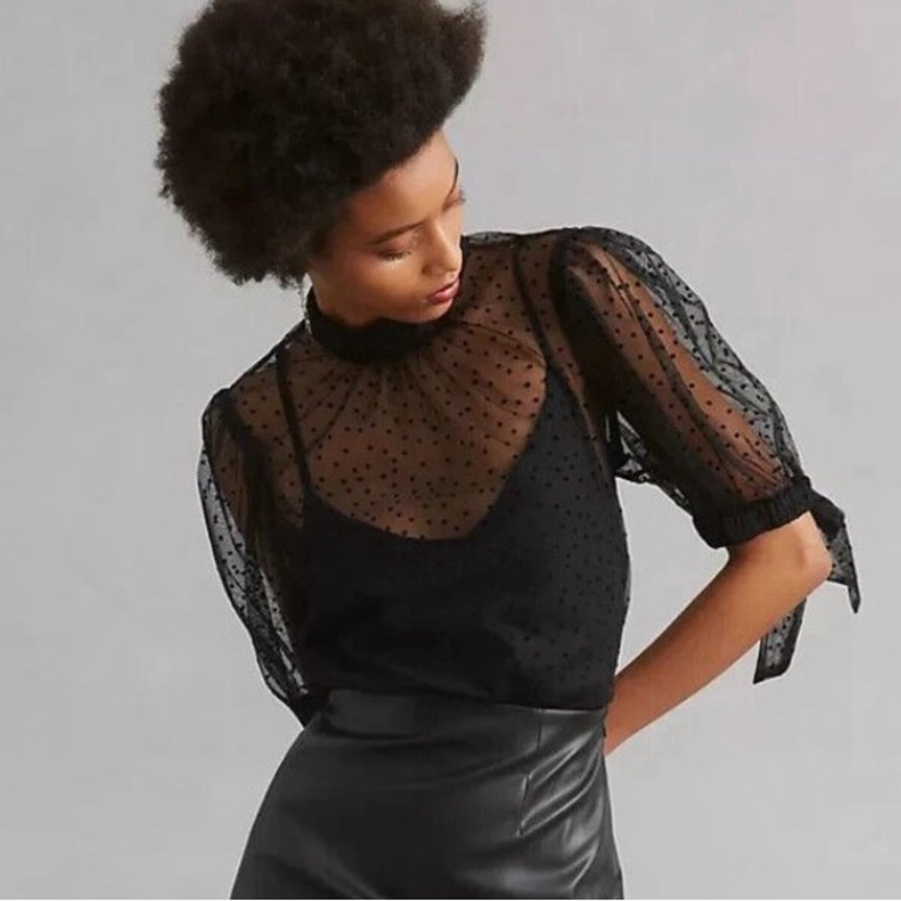 Anthropologie Black Sheer Polka Dot Blouse